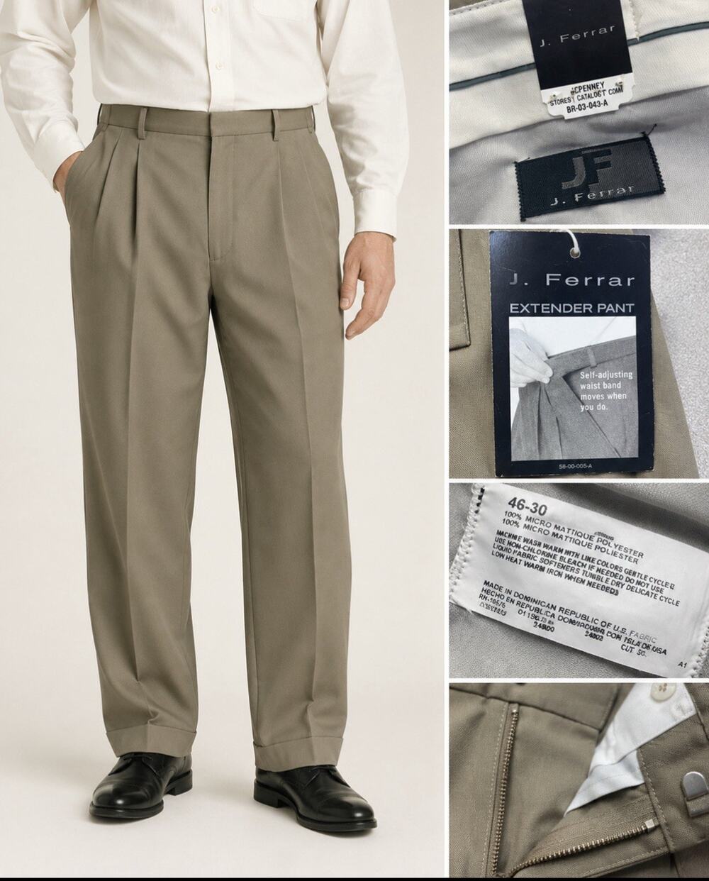 NWT Career Classic J. Ferrar Men's Pleated Extender Dress Pants Size 46x30 Taupe